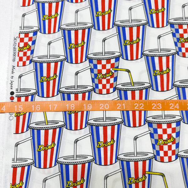Scale of Soda Drink cotton broadcloth fabric in white by Sevenberry, Japanese import featuring retro pop art soda cup print.