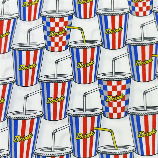 Soda Drink cotton broadcloth fabric in white by Sevenberry, Japanese import featuring retro pop art soda cup print.