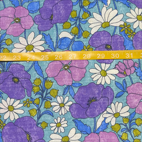 Scale of Sopo Retro Vintage Floral Cotton Dobby Fabric in Blue by Kokka Japanese import with rustic floral print and textured dobby weave