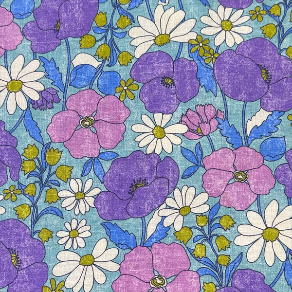 Sopo Retro Vintage Floral Cotton Dobby Fabric in Blue by Kokka Japanese import with rustic floral print and textured dobby weave
