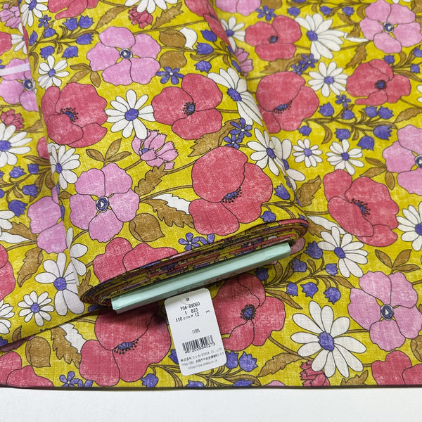 Bolt of Sopo Retro Vintage Floral Cotton Dobby Fabric in Mustard by Kokka Japanese import with rustic floral print and textured dobby weave