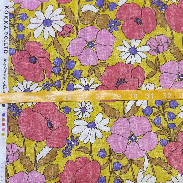 Scale of Sopo Retro Vintage Floral Cotton Dobby Fabric in Mustard by Kokka Japanese import with rustic floral print and textured dobby weave