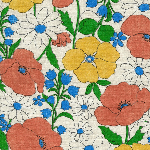Close up of Sopo Retro Vintage Floral Cotton Dobby Fabric in Natural by Kokka Japanese import with rustic floral print and textured dobby weave
