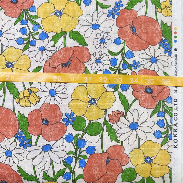 Scale of Sopo Retro Vintage Floral Cotton Dobby Fabric in Natural by Kokka Japanese import with rustic floral print and textured dobby weave