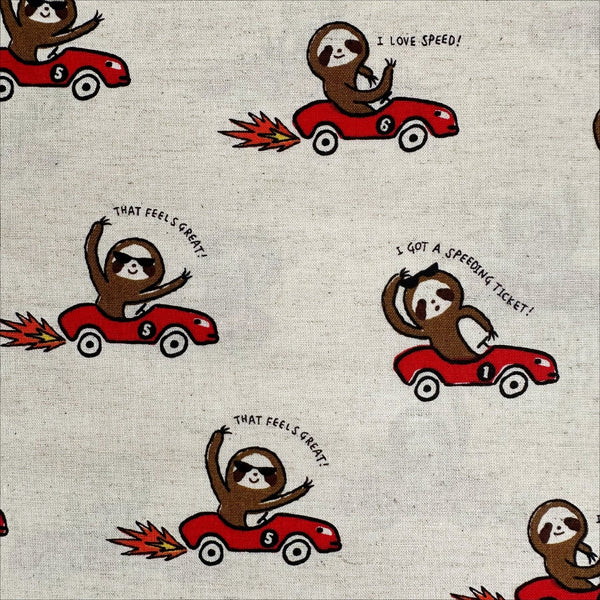Speedy Sloth Cotton Linen Blend Fabric by Cosmo Textiles, style AP65204 2A, featuring sloths in red racing cars, in natural
