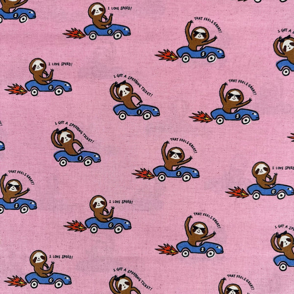 Speedy Sloth Cotton Linen Blend Fabric by Cosmo Textiles, style AP65204 2B, featuring sloths in red racing cars, in pink