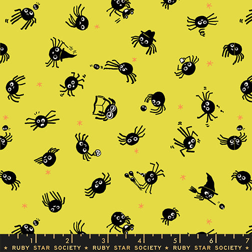 Scale of Spider Sense cotton fabric by Ruby Star Society featuring black spiders on a citron background.