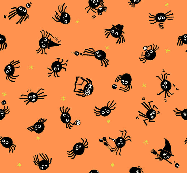 Spider Sense cotton fabric by Ruby Star Society featuring black spiders on an orange background.