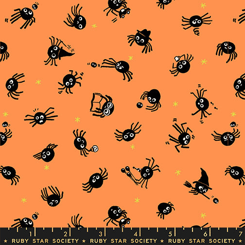 Scale of Spider Sense cotton fabric by Ruby Star Society featuring black spiders on an orange background.