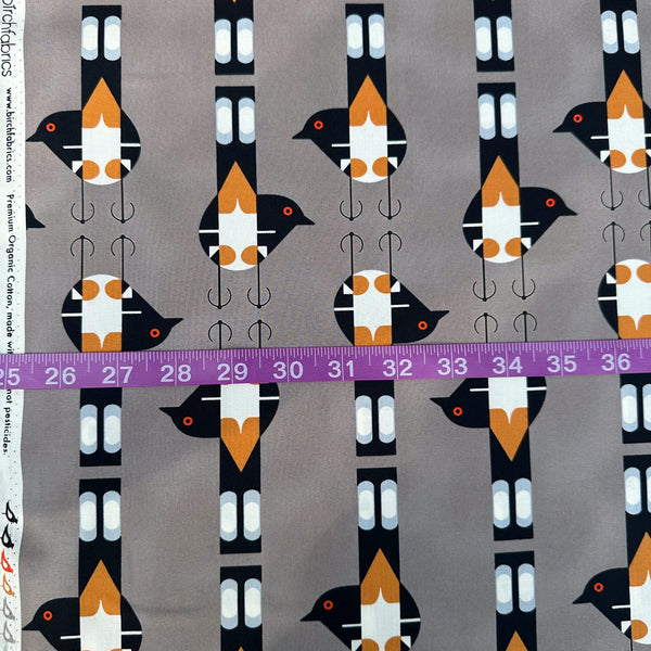 Scale of Spotted Tail Blackbird Shroom Poplin Fabric by Charley Harper for Birch Fabrics, featuring blackbirds in repeating pattern, on gray background