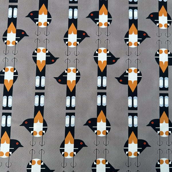 Spotted Tail Blackbird Shroom Poplin Fabric by Charley Harper for Birch Fabrics, featuring blackbirds in repeating pattern, on gray background