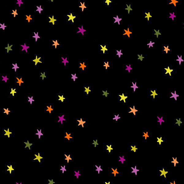 Starry cotton fabric by Ruby Star Society featuring tiny multicolored stars on a spooky black background.