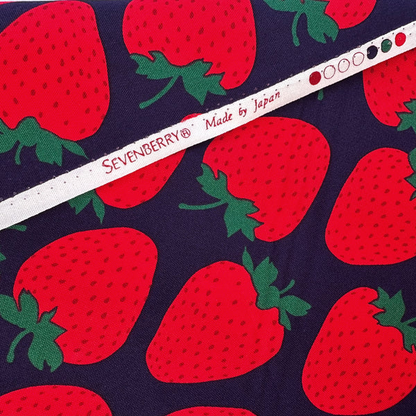 Selvage of Strawberries Cotton Oxford fabric by Sevenberry, style B850592Z 1-4, in navy