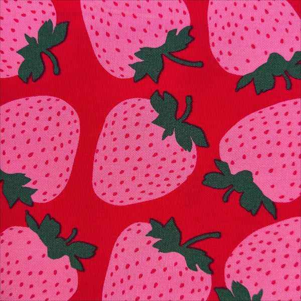 Close up of Strawberries Cotton Oxford fabric by Sevenberry, style B850592Z 1-1, in red