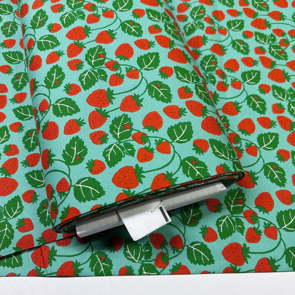 Bolt of Strawberries Vines cotton oxford fabric in dark seafoam by Sevenberry, Japanese import featuring strawberry and vine print