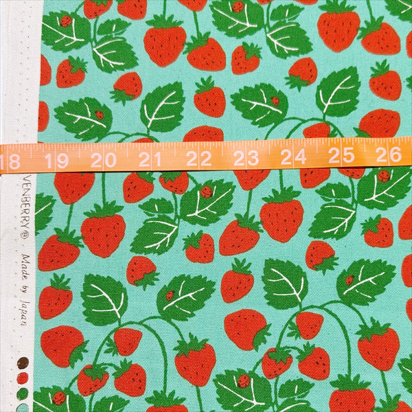 Scale o Strawberries Vines cotton oxford fabric in dark seafoam by Sevenberry, Japanese import featuring strawberry and vine print