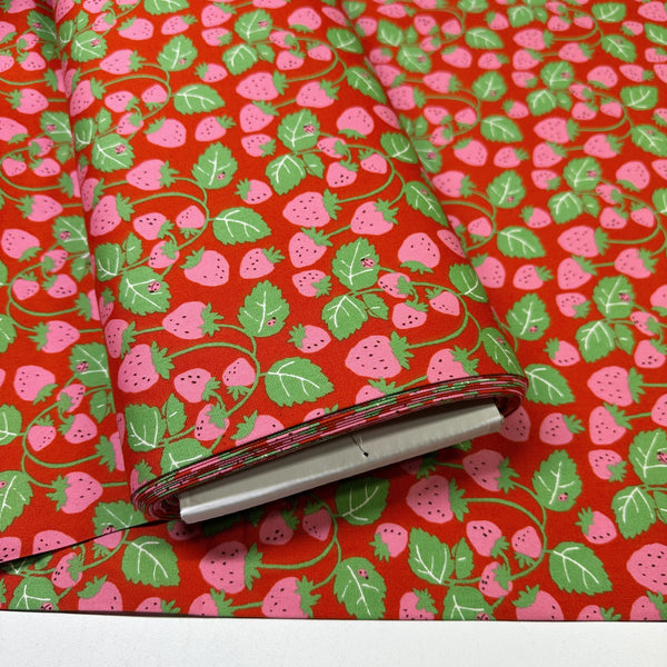 Bolt of Strawberries Vines cotton oxford fabric in red by Sevenberry, Japanese import featuring strawberry and vine print