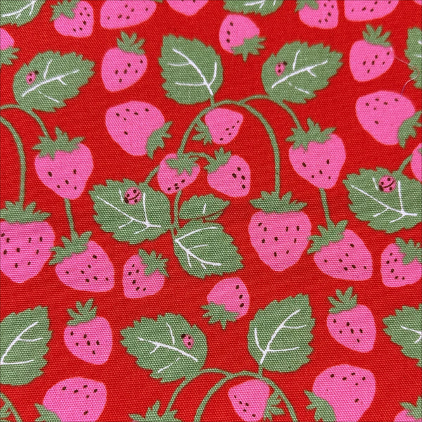 Close up of Strawberries Vines cotton oxford fabric in red by Sevenberry, Japanese import featuring strawberry and vine print