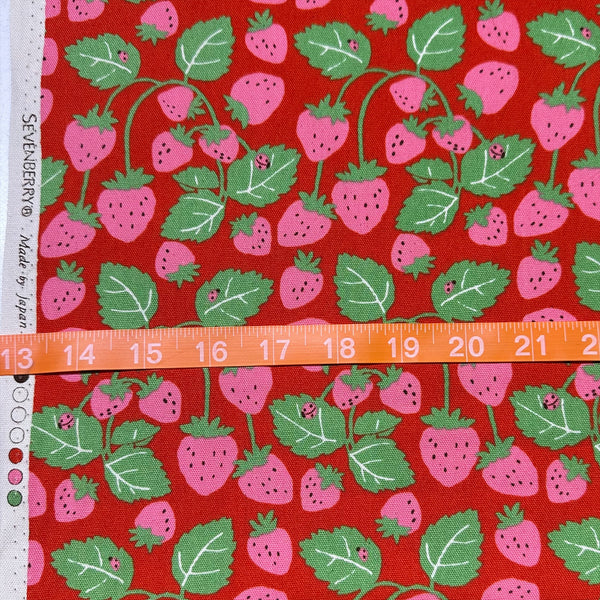 Scale of Strawberries Vines cotton oxford fabric in red by Sevenberry, Japanese import featuring strawberry and vine print
