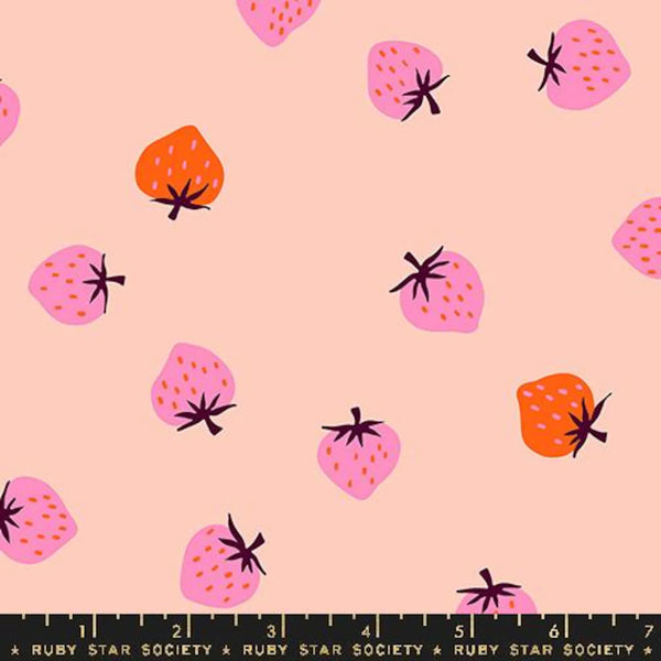 Stock photo of Strawberry Toss cotton fabric in pale peach by Kimberly Knight for Ruby Star Society