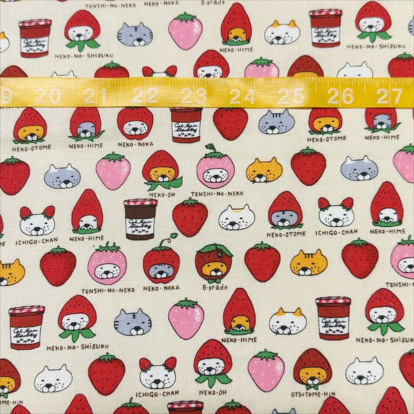Scale of Strawberry Cats canvas fabric by Cotton Kobayashi, cotton linen blend with playful cats dressed as strawberries