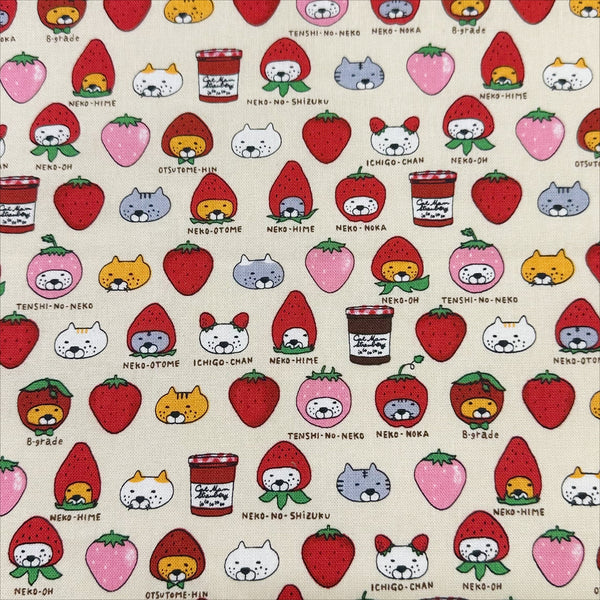 Strawberry Cats canvas fabric by Cotton Kobayashi, cotton linen blend with playful cats dressed as strawberries