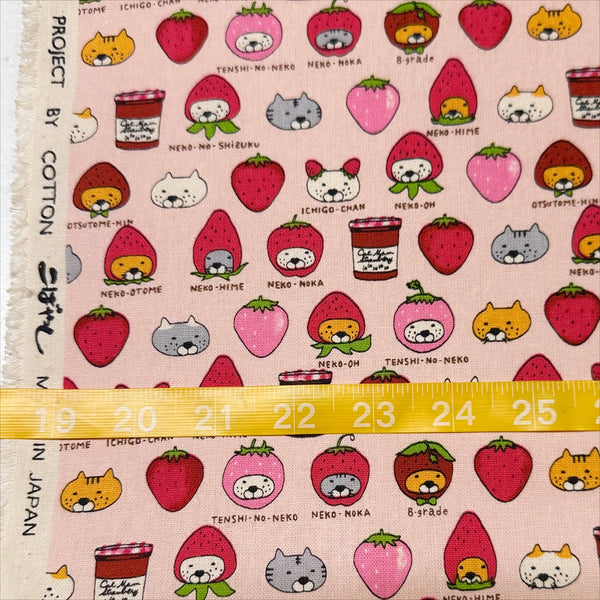 Scale of Strawberry Cats canvas fabric by Cotton Kobayashi, cotton linen blend with playful cats dressed as strawberries