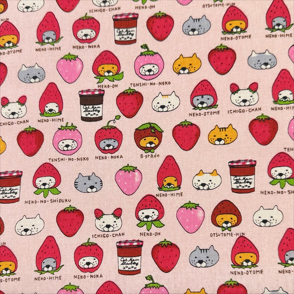 Strawberry Cats canvas fabric by Cotton Kobayashi, cotton linen blend with playful cats dressed as strawberries