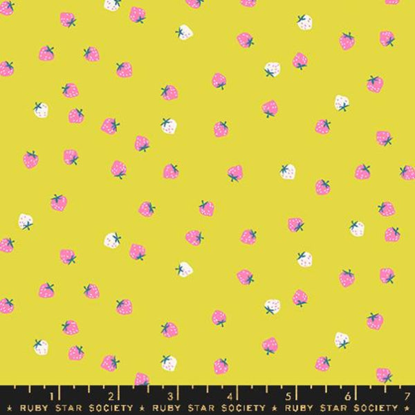 Stock photo of Strawberry Mini Berry cotton fabric in citron by Kimberly Knight for Ruby Star Society