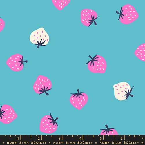 Stock photo of Strawberry toss cotton fabric in turquoise by Kimberly Knight for Ruby Star Society
