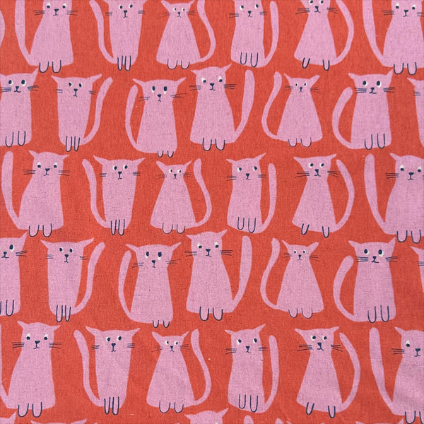 Stray Cat Friends Cotton Linen Canvas fabric by Sevenberry, style 850615, in coral and pink