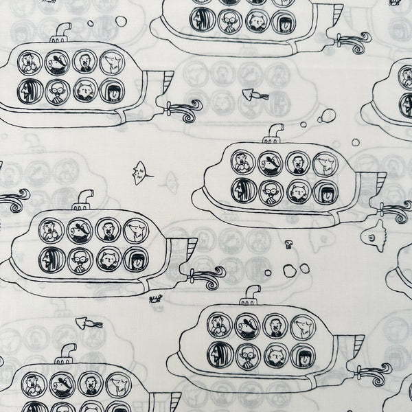 Submarine cotton lawn fabric by Hokkoh in natural, featuring black submarines
