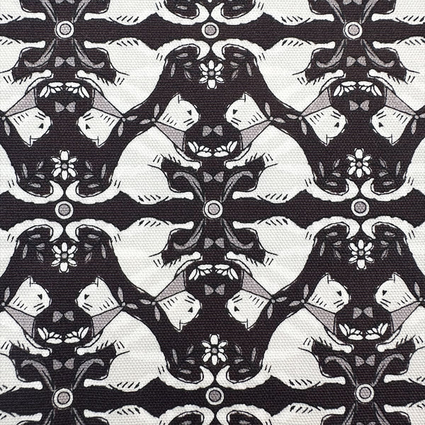 Close up of Sun Sun Cat cotton oxford fabric by Yuwa in black, CO-159219-E