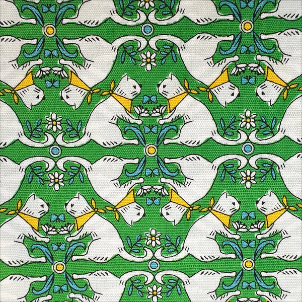 Close up of Sun Sun Cat cotton oxford fabric by Yuwa in green, CO-159219-A