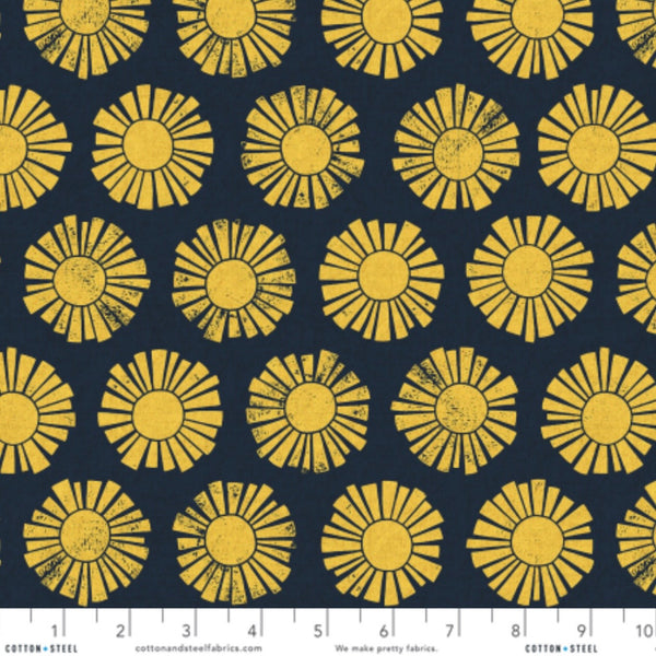 Scale of Sunshine cotton linen canvas fabric by Loes van Oosten featuring stylized sun print in navy on unbleached cotton linen canvas