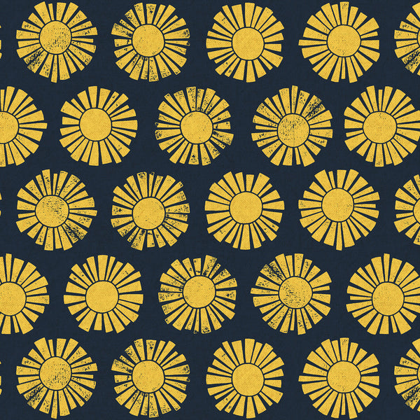 Sunshine cotton linen canvas fabric by Loes van Oosten featuring stylized sun print in navy on unbleached cotton linen canvas