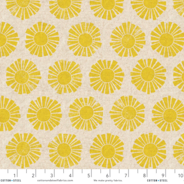 Scale of Sunshine cotton linen canvas fabric by Loes van Oosten featuring stylized sun print in white on unbleached cotton linen canvas