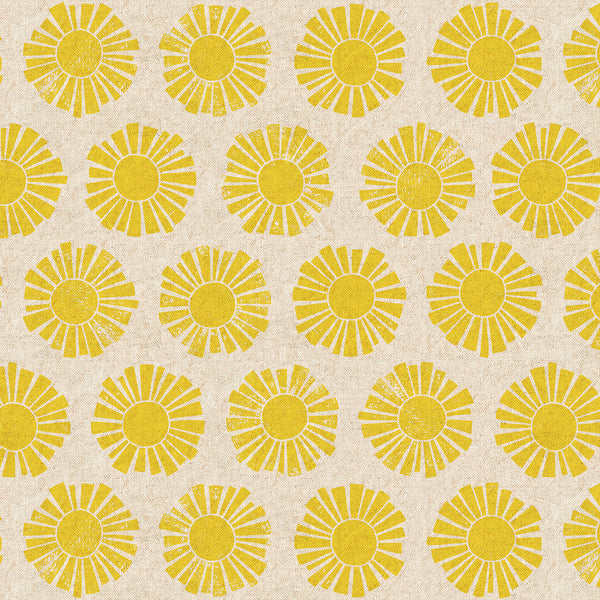 Sunshine cotton linen canvas fabric by Loes van Oosten featuring stylized sun print in white on unbleached cotton linen canvas