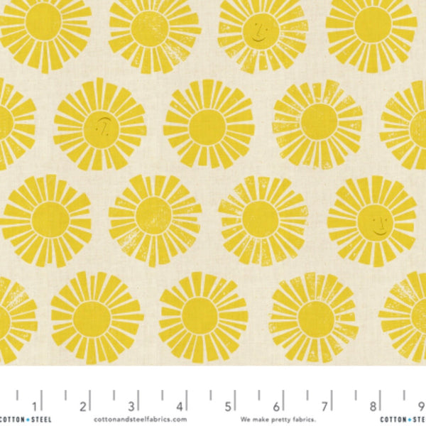 Scale of Sunshine cotton fabric by Loes van Oosten featuring stylized yellow sun print on unbleached cotton fabric