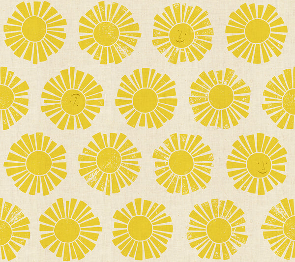 Sunshine cotton fabric by Loes van Oosten featuring stylized yellow sun print on unbleached cotton fabric