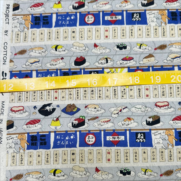 Scale of Sushi Cats canvas fabric in blue cotton linen blend by Cotton Kobayashi featuring playful cats and sushi illustrations