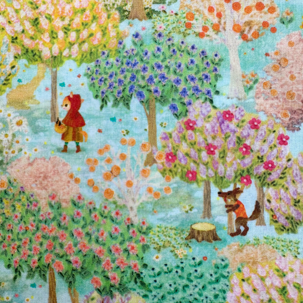 Close up of Sweet Farm Cotton Lawn Fabric in Blue by Yukiemon for Hokkoh featuring whimsical farm animals and countryside illustrations on soft Japanese cotton lawn.