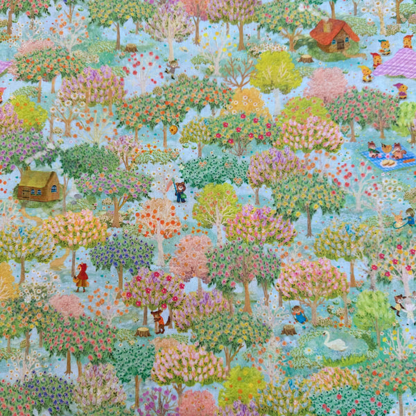 Sweet Farm Cotton Lawn Fabric in Blue by Yukiemon for Hokkoh featuring whimsical farm animals and countryside illustrations on soft Japanese cotton lawn.