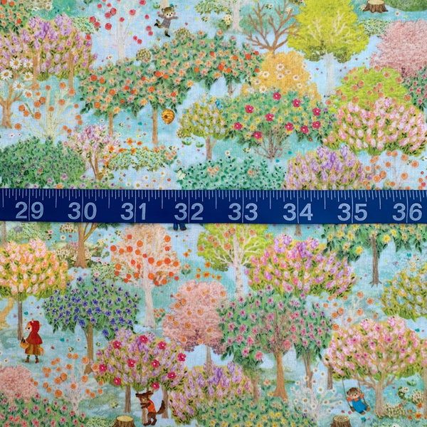 Scale of Sweet Farm Cotton Lawn Fabric in Blue by Yukiemon for Hokkoh featuring whimsical farm animals and countryside illustrations on soft Japanese cotton lawn.