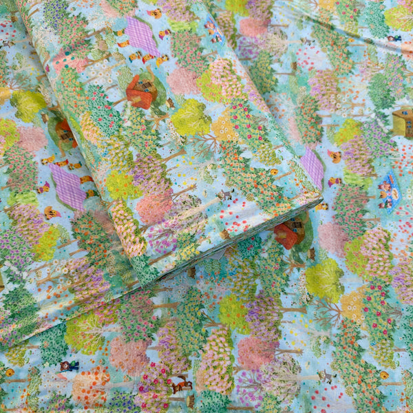 Bolt of Sweet Farm Cotton Lawn Fabric in Blue by Yukiemon for Hokkoh featuring whimsical farm animals and countryside illustrations on soft Japanese cotton lawn.
