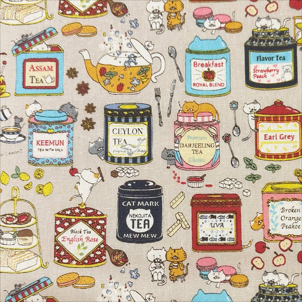 Tea Cats Canvas Fabric in Beige by Cotton Kobayashi – silly cats playing and drinking tea on cotton linen canvas, imported from Japan