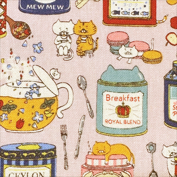 Close up of Tea Cats Canvas Fabric in Pink by Cotton Kobayashi – silly cats playing and drinking tea on cotton linen canvas, imported from Japan