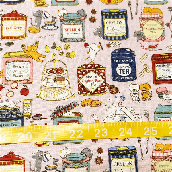 Scale of Tea Cats Canvas Fabric in Pink by Cotton Kobayashi – silly cats playing and drinking tea on cotton linen canvas, imported from Japan
