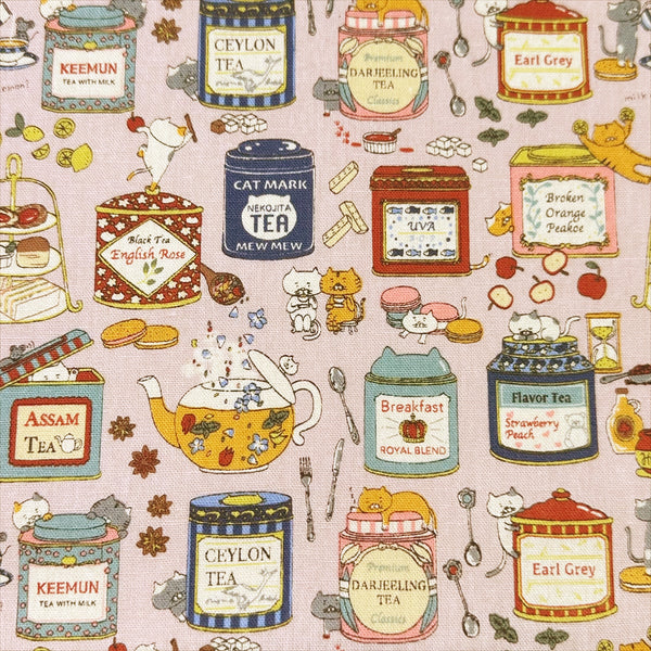 Tea Cats Canvas Fabric in Pink by Cotton Kobayashi – silly cats playing and drinking tea on cotton linen canvas, imported from Japan