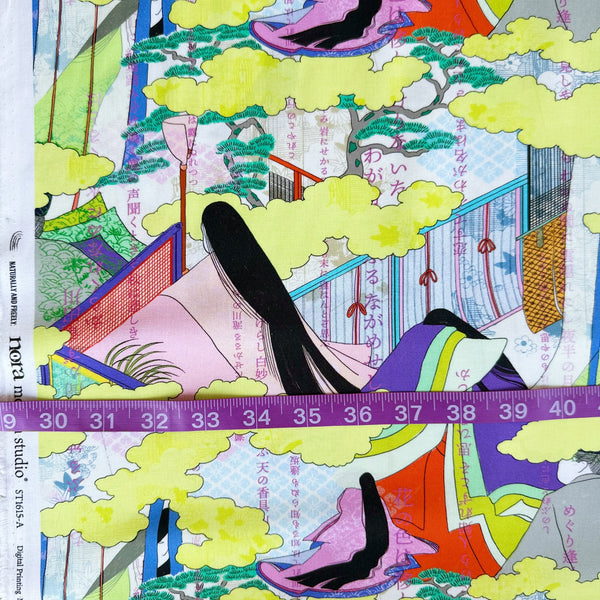 Scale of The Tale of Genji cotton fabric by Nora featuring finely detailed illustrations of women with long black hair wearing traditional kimono in a colorful Japanese-inspired print, imported from Japan